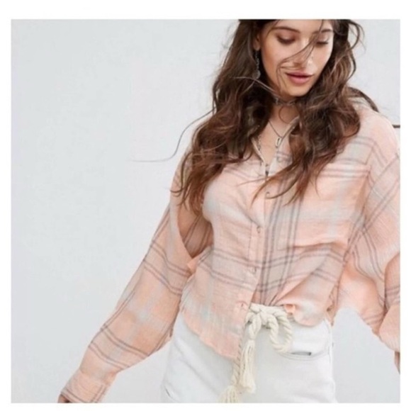 Free People Cutie Plaid Button-down Shirt in Pink Gray, Dolman Sleeves, Large - Picture 5 of 5